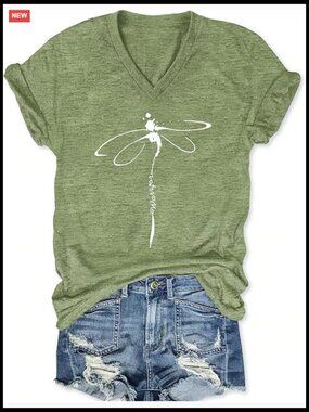 V-Neck Dragonfly Graphic Tee, Polyester Blend, Vintage Boho Floral